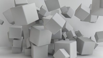 3D illustration of cubes of different sizes flying around the room. Cubes in the air, randomly distributed and warped in space, cast shadows. Geometrical abstraction. 3D rendering of the explosion