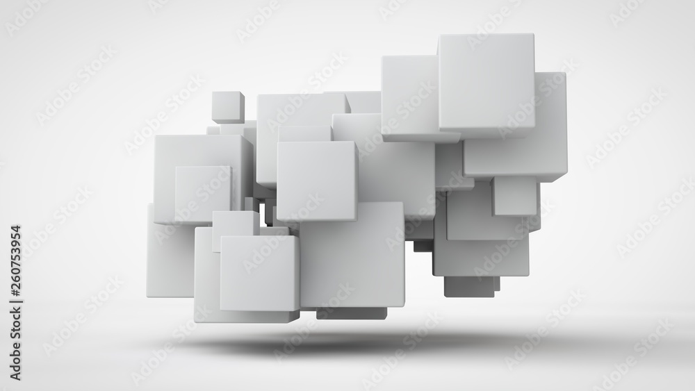 Poster 3d rendering lots of white cubes in space, randomly arranged, of different sizes, hanging in the air