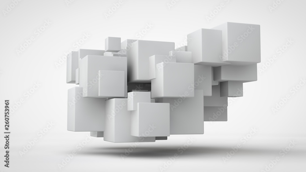 Poster 3d rendering lots of white cubes in space, randomly arranged, of different sizes, hanging in the air