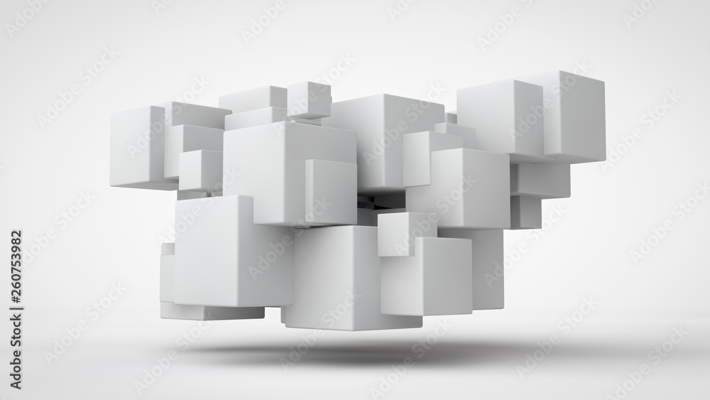 Poster 3d rendering lots of white cubes in space, randomly arranged, of different sizes, hanging in the air