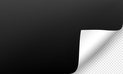 Vector illustration of the black paper blank page with curled corner and shadow on transparent background for advertising and promotional message . Idea for your design and business.