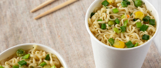 Tasty instant ramen noodles with beef flavoring, low angle view. Close-up.