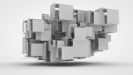 3D sets of fragments of exploded cubes in space. Abstract image of fragments of geometric shapes. Futuristic background. 3D rendering