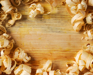 Carpenter tools on wood table background. Copy space. Top view