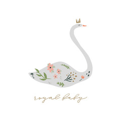 Swan lake. Lettering calligraphy. Girl princess, greeting card poster and postcard, vector image