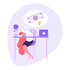 dreams of earning,a short break of an office worker in the workplace, Vector image, colorful character