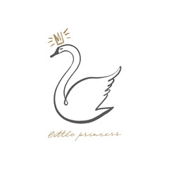 Swan lake. Lettering calligraphy. Girl princess, greeting card poster and postcard, vector image