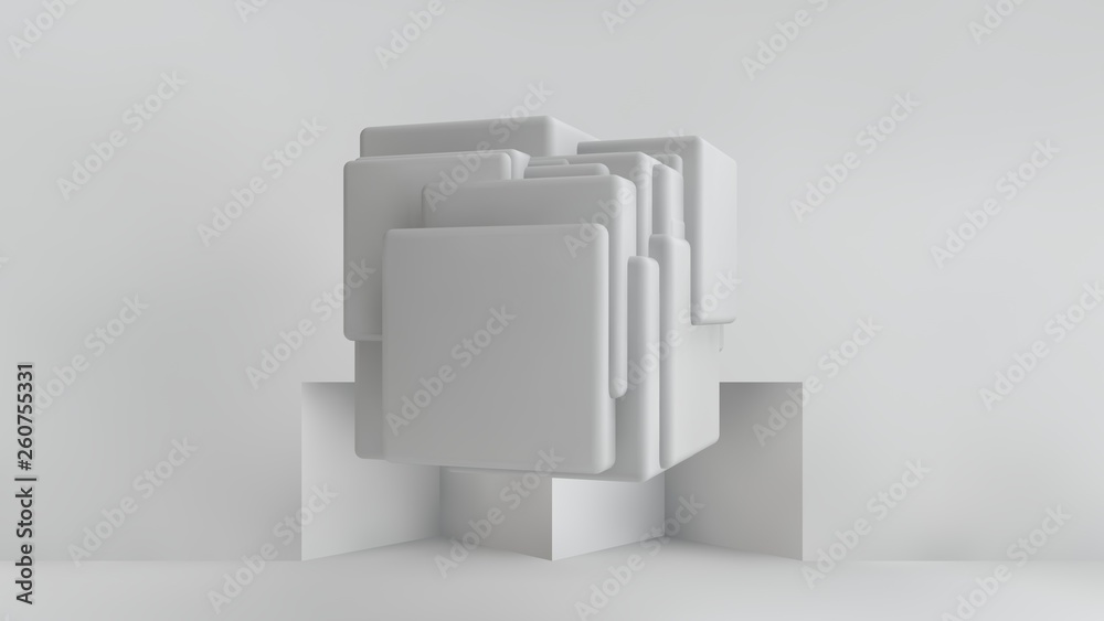 Poster 3d illustration of white cubes of different sizes in the room. cubes hang in the air, randomly distr
