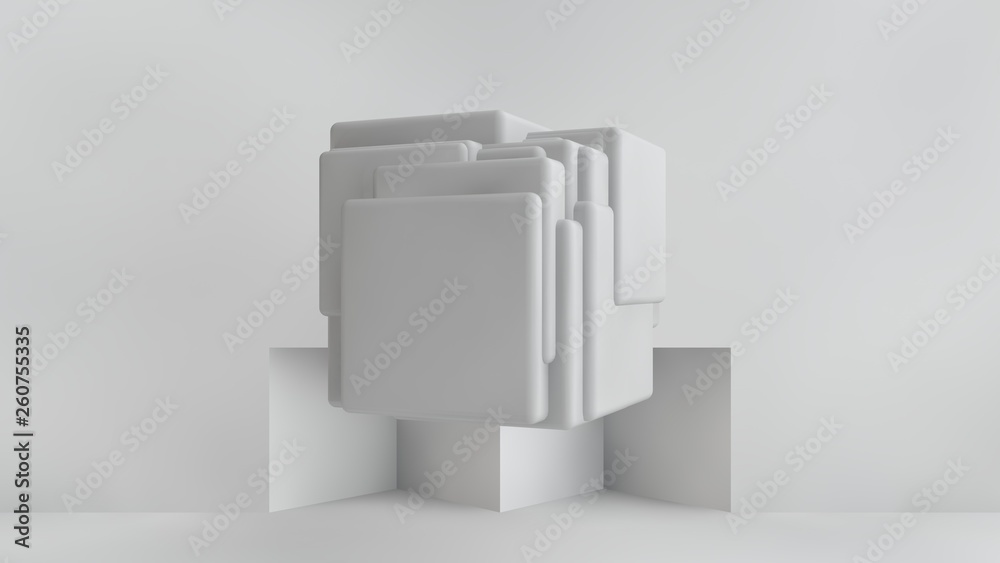 Poster 3d illustration of white cubes of different sizes in the room. cubes hang in the air, randomly distr