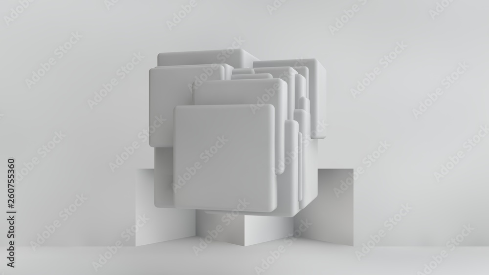 Poster 3d illustration of white cubes of different sizes in the room. cubes hang in the air, randomly distr