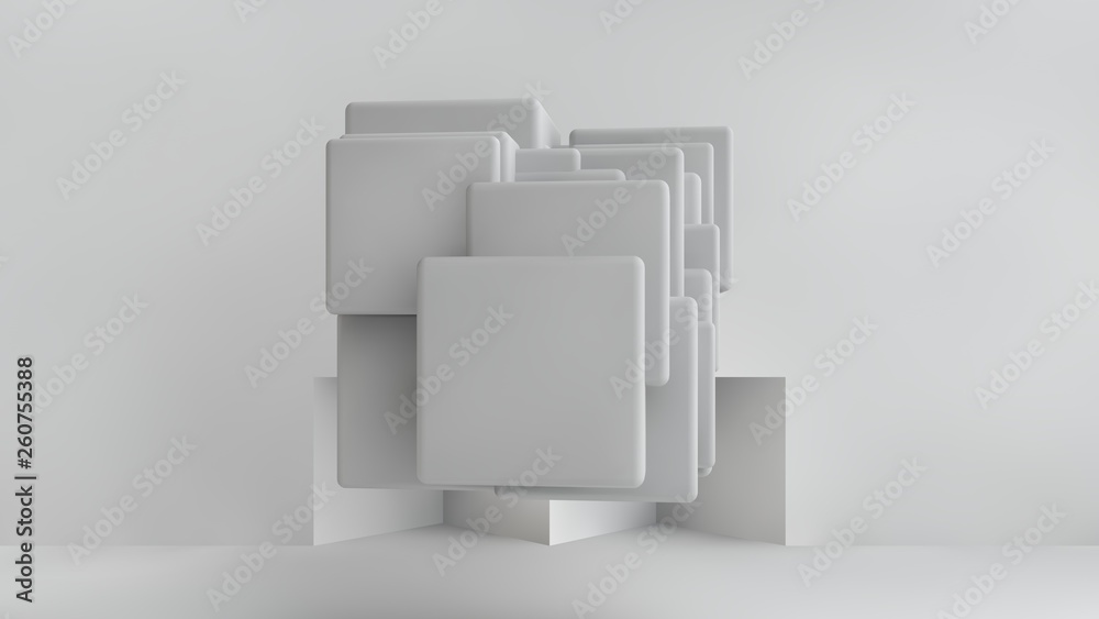 Poster 3d illustration of white cubes of different sizes in the room. cubes hang in the air, randomly distr