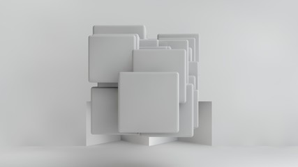 3D illustration of white cubes of different sizes in the room. Cubes hang in the air, randomly distributed in space, casting shadows. Geometrical abstraction. 3D rendering