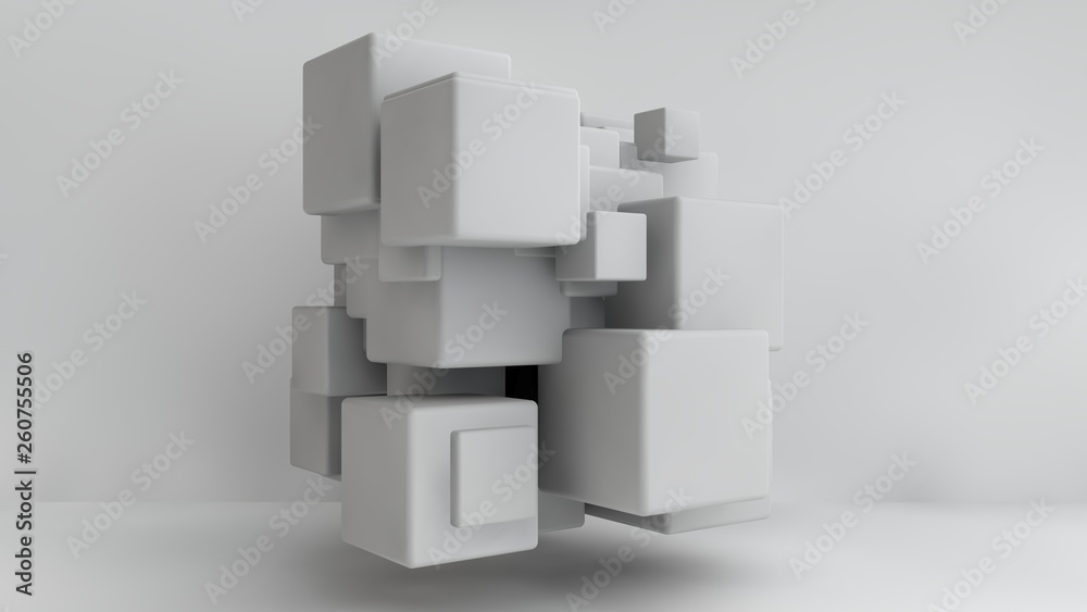 Poster 3d illustration of white cubes of different sizes in the room. cubes hang in the air, randomly distr