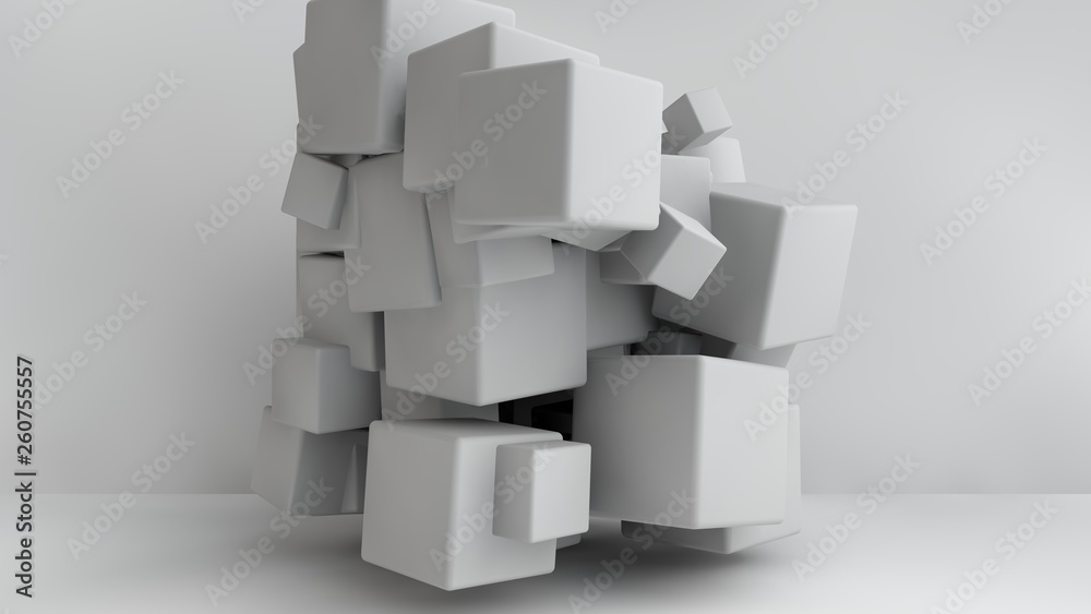Poster 3d illustration of white cubes of different sizes in the room. cubes hang in the air, randomly distr