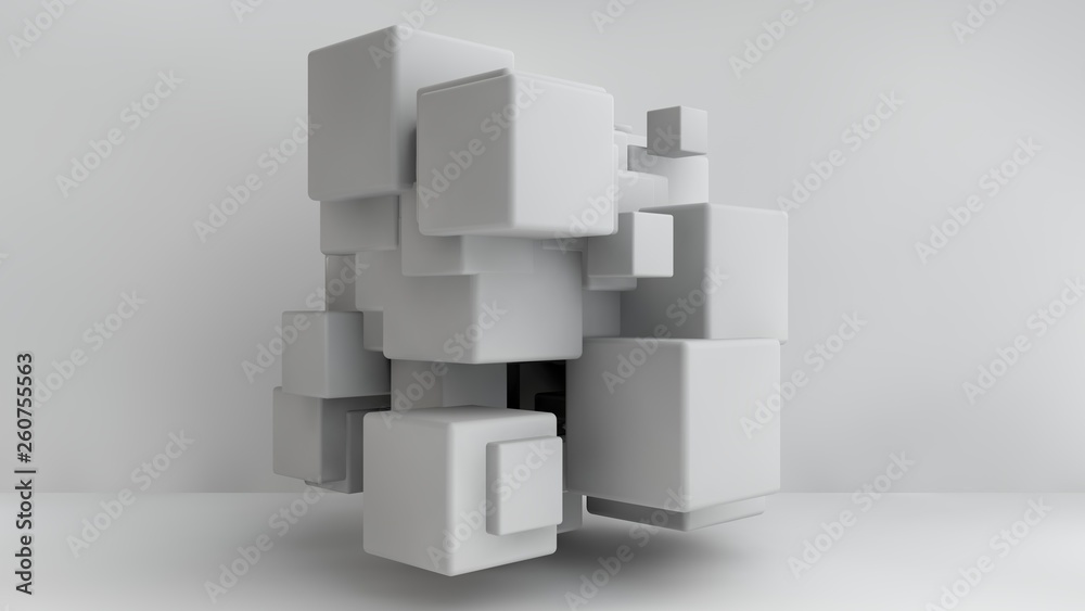 Poster 3d illustration of white cubes of different sizes in the room. cubes hang in the air, randomly distr