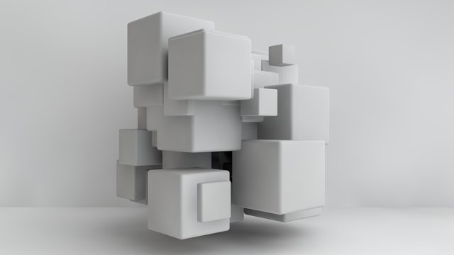 3D illustration of white cubes of different sizes in the room. Cubes hang in the air, randomly distributed in space, casting shadows. Geometrical abstraction. 3D rendering © Станислав Чуб