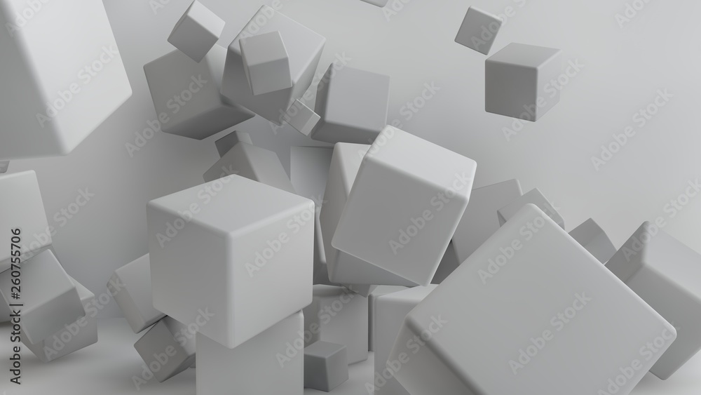 Poster 3d illustration of white cubes of different sizes in the room. cubes hang in the air, randomly distr