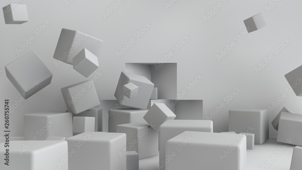 Poster 3d illustration of cubes of different size scattered randomly around the room. cubes are chaotic in 