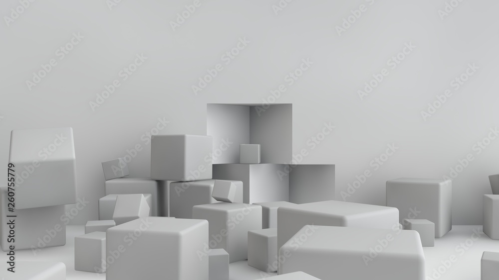 Poster 3d illustration of cubes of different size scattered randomly around the room. cubes are chaotic in 