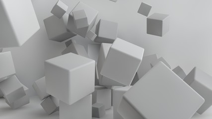 Obraz premium 3D ilustracja białe kostki o różnych rozmiarach w pokoju. Kostki wiszą w powietrzu, losowo rozmieszczone i wypaczone w przestrzeni, rzucając cienie. Abstrakcja geometryczna. Renderowanie 3D