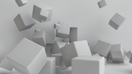 3D illustration of cubes of different size scattered randomly around the room. Cubes are chaotic in space, piling up and messing up. 3D rendering of a set of geometric shapes.