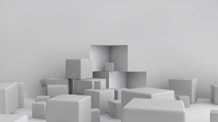 3D illustration of cubes of different size scattered randomly around the room. Cubes are chaotic in space, piling up and messing up. 3D rendering of a set of geometric shapes.