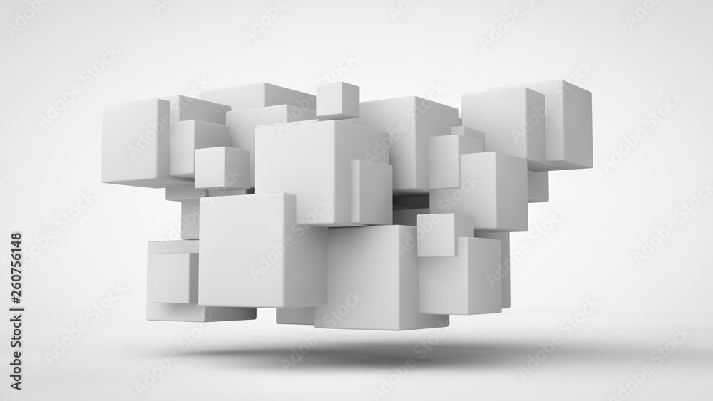 Poster 3d rendering lots of white cubes in space, randomly arranged, of different sizes, hanging in the air