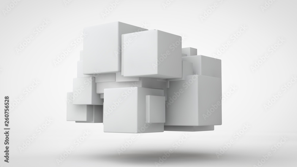 Poster 3d rendering lots of white cubes in space, randomly arranged, of different sizes, hanging in the air
