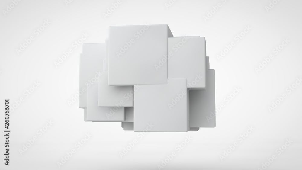 Poster 3d rendering lots of white cubes in space, randomly arranged, of different sizes, hanging in the air