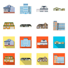 Vector illustration of building and front icon. Set of building and roof stock symbol for web.
