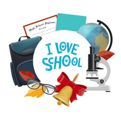 Fototapeta na wymiar Student supplies icon with school notebook, globe