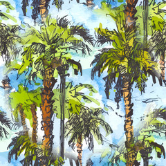 Vector Seamless patternwith tropical palm trees.. Watercolor splash with hand drawn sketch illustration. retro colorful - 260756987