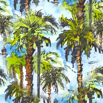 Vector Seamless patternwith tropical palm trees.. Watercolor splash with hand drawn sketch illustration. retro colorful