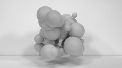 3D illustration of many white spheres of different sizes flying in the space of the room. The idea of disorder and chaos. A cloud of geometric elements. 3D rendering