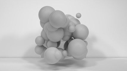 3D illustration of many white spheres of different sizes flying in the space of the room. The idea of disorder and chaos. A cloud of geometric elements. 3D rendering
