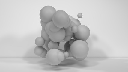 3D illustration of many white spheres of different sizes flying in the space of the room. The idea of disorder and chaos. A cloud of geometric elements. 3D rendering