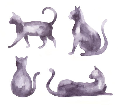 Watercolor Set Of Silhouettes Of Cats