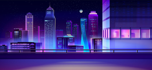 Modern metropolis night cityscape cartoon vector with bridge, road or highway, illuminated skyscrapers buildings illustration in fluorescent blue, neon colors. City quarter street. Urban background