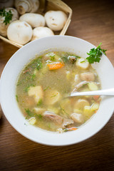 homemade rural soup with vegetables and mushrooms in a bowl