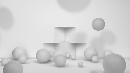 3D illustration of many white spheres of different sizes flying in the space of the room, scattered on . The idea of disorder and chaos. A cloud of geometric elements. 3D rendering