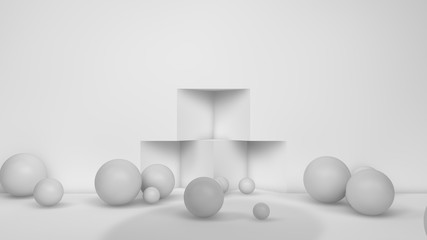3D illustration of many white spheres of different sizes flying in the space of the room, scattered on . The idea of disorder and chaos. A cloud of geometric elements. 3D rendering