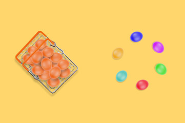 One full glossy metal market basket of fresh raw brown eggs in center of yellow table on kitchen. Top view. Business concept