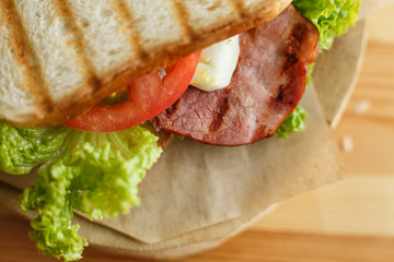 Closeup juicy sandwich with bacon, fresh vegetables, green salad and dark lines after grill