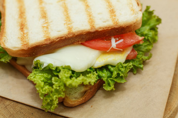 Closeup juicy sandwich with bacon, fresh vegetables, green salad and dark lines after grill