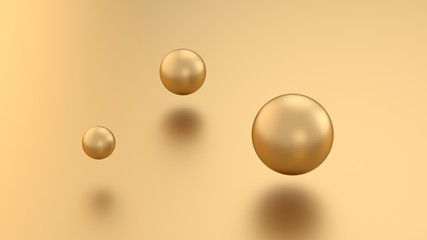 Golden 3d render sphere balls on metal background with reflection. Modern luxury design element for banner sale design. Christmas illustration.