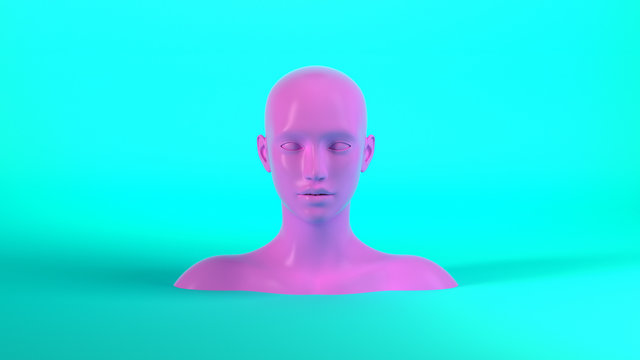 3d render of abstract mannequin female head on blue background. Fashion woman. Pink human face.