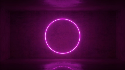 3d render of neon circle frame on background in the room. Banner design. Retrowave, synthwave, vaporwave illustration.