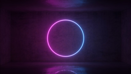 3d render of neon circle frame on background in the room. Banner design. Retrowave, synthwave, vaporwave illustration.