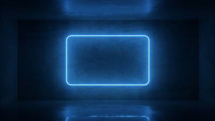 3d render of neon frame on background in the room. Banner design. Retrowave, synthwave, vaporwave illustration.