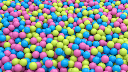 3d render of Abstract colorful spheres balls background. Primitive shapes, minimalistic design, party decoration. Multicolored balloons.